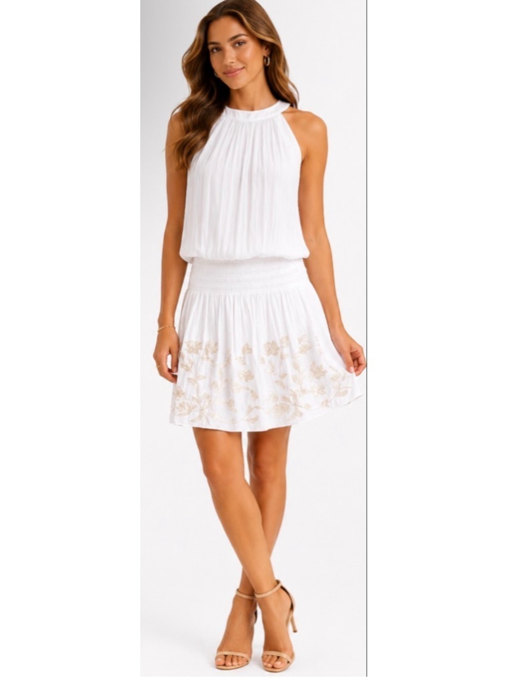NWT Ramy Brook Mini Dress L Ivory Gold Embroidered
